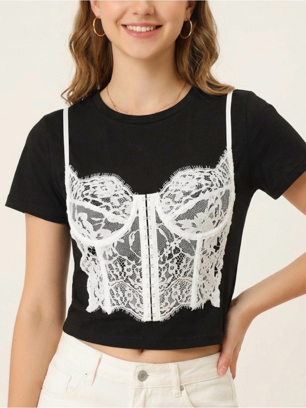 OG Babe Lace Corset Accent Layered Crop Top - Black and White
